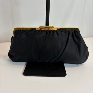 Vintage Black Satin Evening Clutch Gold Frame Kiss Lock Purse